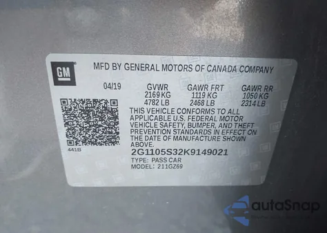 2019 Chevrolet Impala Premier z USA, uszkodzony, nr VIN 2G1105S32K9149021